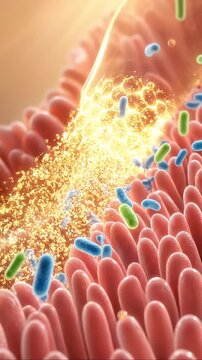 Gut health concept showing nutrient absorption and beneficial bacteria in intestinal villi with glowing particles enhancing digestion and wellness through microscopic interactions in digestive system