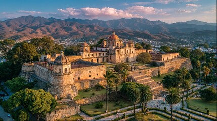 Obraz premium Aerial panoramic view of Oaxaca City colonial rooftops and cathedral domes at sunrise, warm golden light, wide drone view, Mexico outdoor cityscape