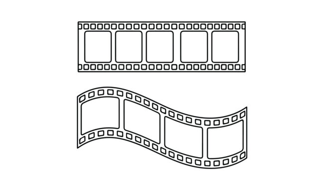 Classic film strip with perforations and frames, one straight and one curved, representing cinema and photography