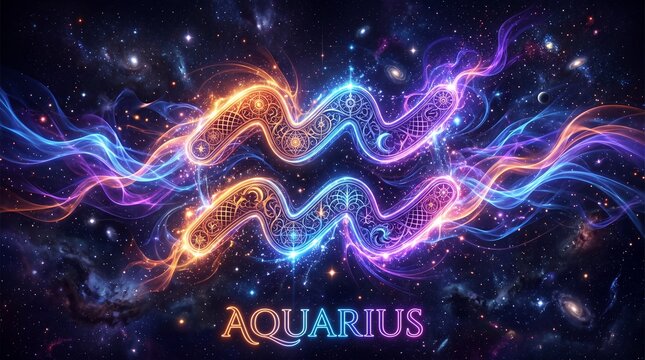 Glowing neon Aquarius zodiac sign symbol floating in deep space with colorful energy streams and galaxy background. Mystical water bearer sign