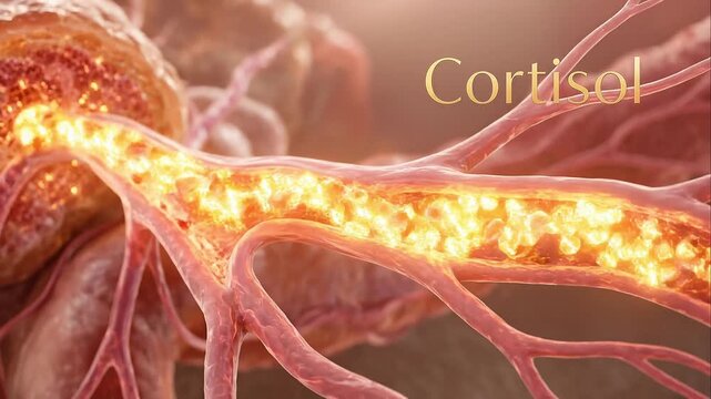 Cortisol release concept showing hormone flow inside blood vessel with glowing particles representing stress response human body medical scientific visualization detailed cellular structure warm