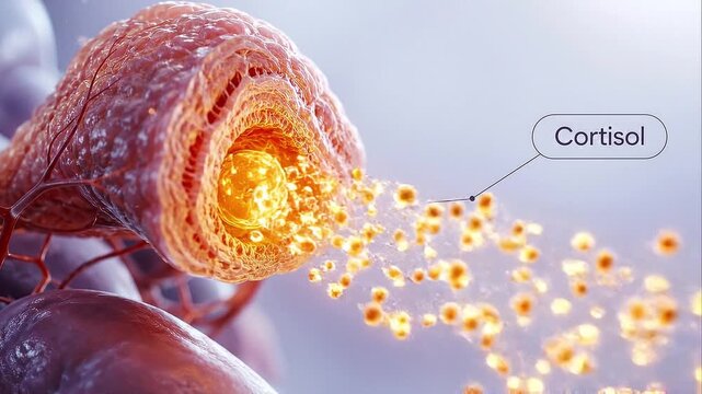 Cortisol release concept showing hormone particles emitted from gland with detailed texture and glowing effect illustrating biological process stress response and hormone secretion from adrenal gland