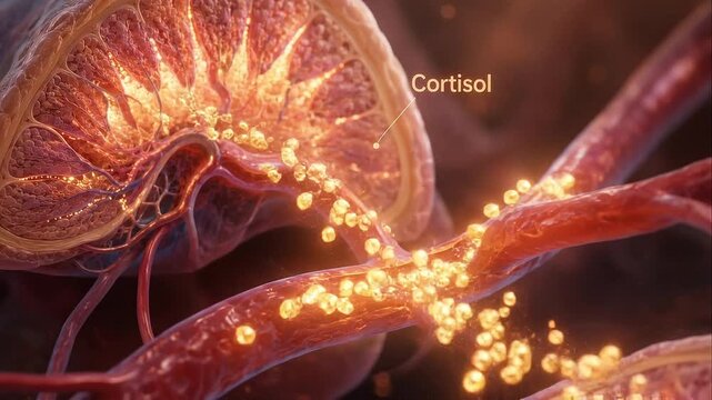 Cortisol release concept showing hormone secretion from adrenal gland into bloodstream with glowing particles representing detailed anatomy biology and illustrating stress response in human body