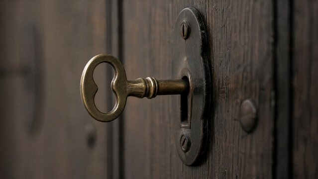 misaligned. A brass key slightly misaligned with a lock on an old wooden door. real-estate listings, architecture portfolios, designed for real-estate listing and luxury residence showcases.