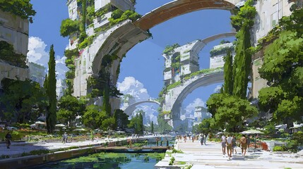 Fototapeta premium Futuristic green city with lush vegetation integrated into modern architecture, sunny day, wide outdoor urban view, sustainable cityscape concept