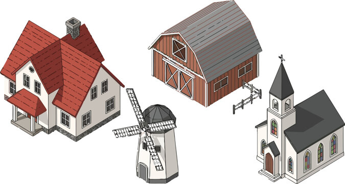 Isometric rural buildings set including farmhouse barn windmill and church for village map design vector illustration