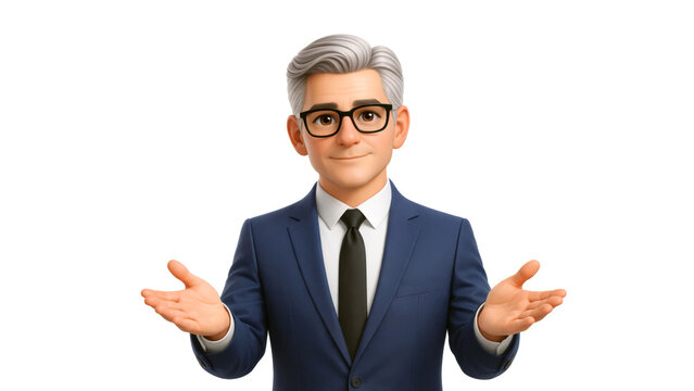 Cartoon character businessman with opened explaining hands, shrugging, expressing confusion and uncertainty. Office worker in 3d design style