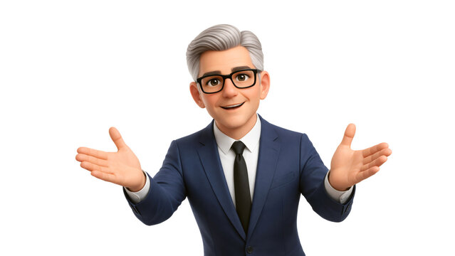 Businessman person cartoon character presenting, offering, welcoming and greeting with opened hands. Office worker in 3d design style