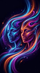Obraz premium Gemini zodiac sign represented by twin woman faces in cosmic style. Abstract glowing illustration of dual personalities with colorful light trails. Astrology concept for celestial art