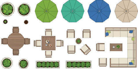 Fototapeta premium Outdoor furniture top view set with patio tables chairs sofas umbrellas and potted plants for landscape design