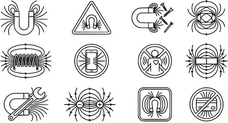 Obraz premium Science and Technology Magnetism Icons - Vector Line Art Set of Magnetic Fields, Electromagnets, Attraction, and Safety Symbols