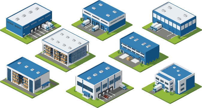 Isometric warehouse and industrial building set with loading docks and storage racks for logistics and supply chain design