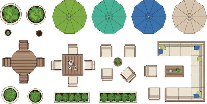 Outdoor furniture top view set with patio tables chairs sofas umbrellas and potted plants for landscape design