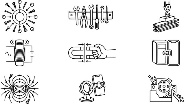 Black and white line art icons of magnets, tools, and magnetic devices for science and industry