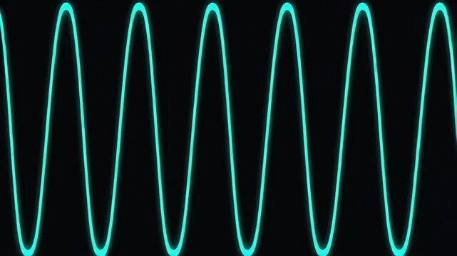 Vibrant turquoise sine wave oscillating on a dark background, representing sound or energy.