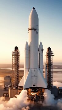 Large white space rocket with side boosters igniting its engines at liftoff on launchpad surrounded by service towers during a bright golden sunrise. heavy aerospace industry and space mission