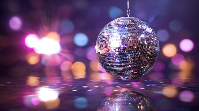 Reflective disco ball suspended with a bokeh backdrop and surface reflection