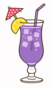 A detailed vector illustration of a single tropical cocktail in a tall glass with ice, a decorative umbrella, lemon slice, and straw in purple hue on a white background.