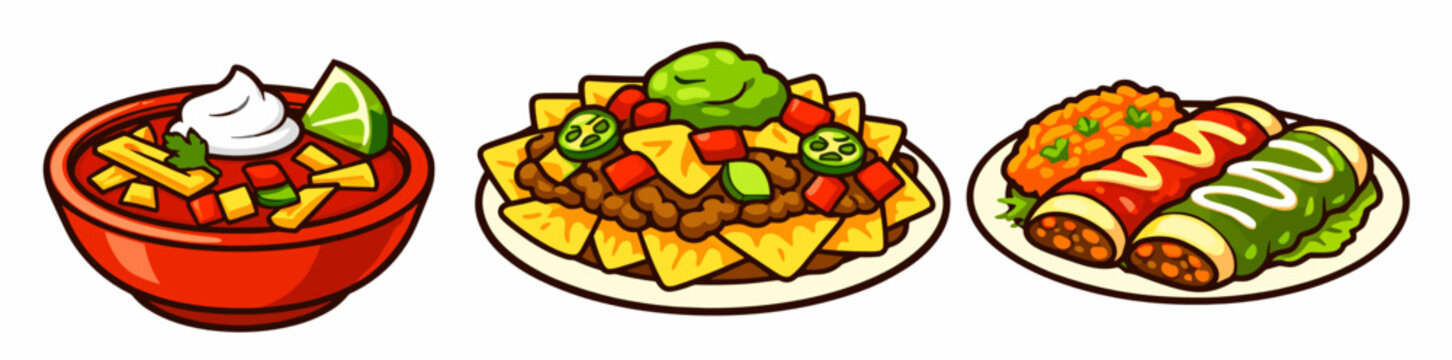 Set of cartoon Mexican food dishes including bowl with toppings, nachos plate, and burrito on white background.