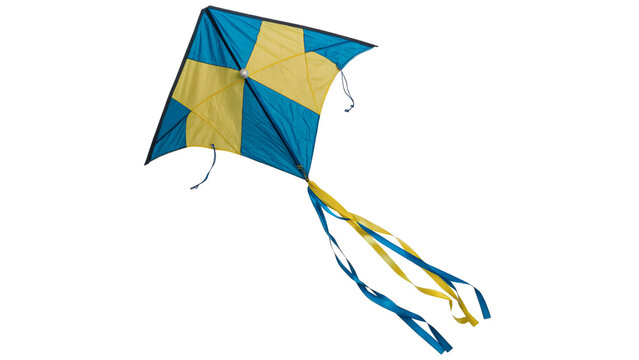 Colorful paper diamond kite toy flying with long decorative tail ribbons for outdoor children active recreation on transparent background