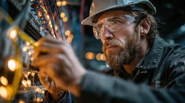 Industrial electrician wearing safety gear repairs electrical wiring in a factory setting.