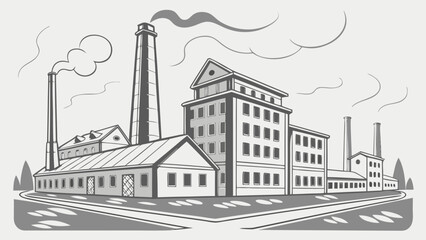 Obraz premium Vintage factory building with multiple chimneys emitting smoke against a cloudy sky industry industrial