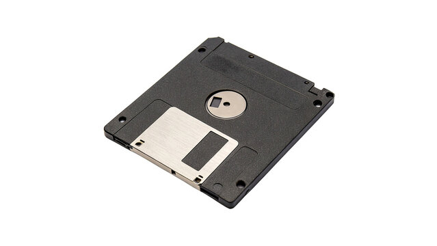 Old retro vintage black 3.5 inch magnetic floppy disk for computer data storage legacy nostalgia themes on transparent background