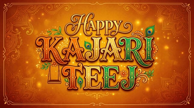 Happy Kajari Teej greeting card, stylized text, festive background