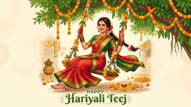 Woman celebrating Hariyali Teej festival, sitting on swing under tree with flowers