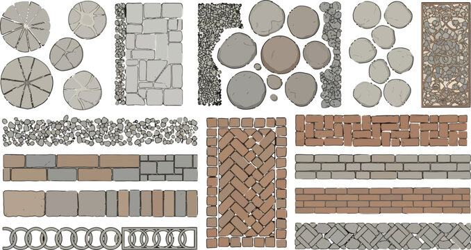 Set of top view stone and brick paving patterns for landscape design and architectural site planning vector