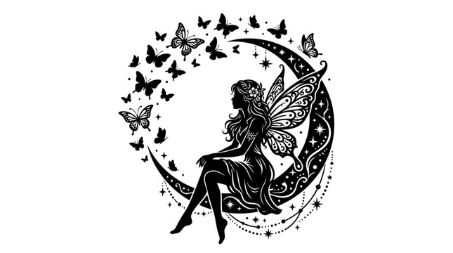 Black and white line art of fairy sitting on crescent moon with flying birds illustration