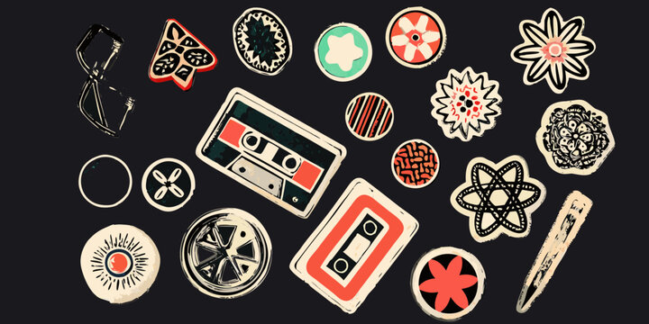 retro cassette tapes and vintage objects illustrated style