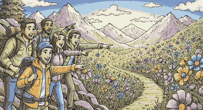 Diverse group of friends hiking and exploring a beautiful mountain trail, pointing towards the scenic landscape with wildflowers, adventure illustration.