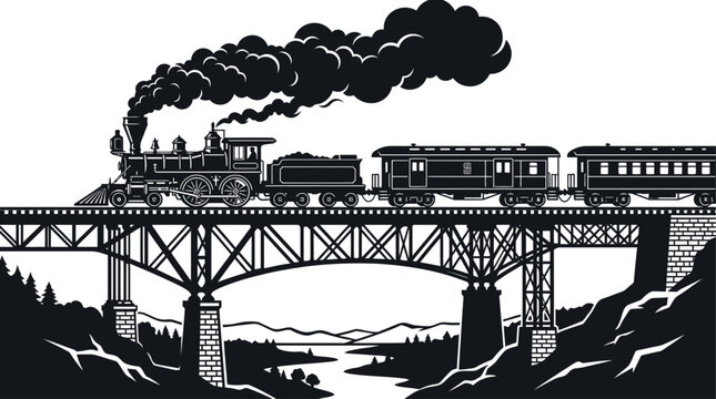 Vintage steam locomotive crossing iron bridge over river in black and white illustration