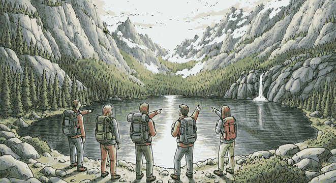 Hikers admire a pristine alpine lake surrounded by rugged mountains and lush pine forests with a waterfall.