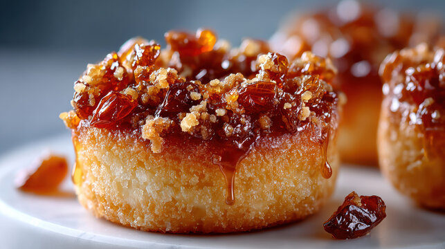 Close-up glossy miniature rosca de reyes cakes with candied fruit and dripping caramel glaze for holiday dessert background