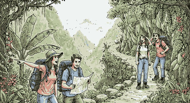 Adventurous hikers explore a lush jungle path with backpacks and a map, surrounded by dense foliage and mountains.