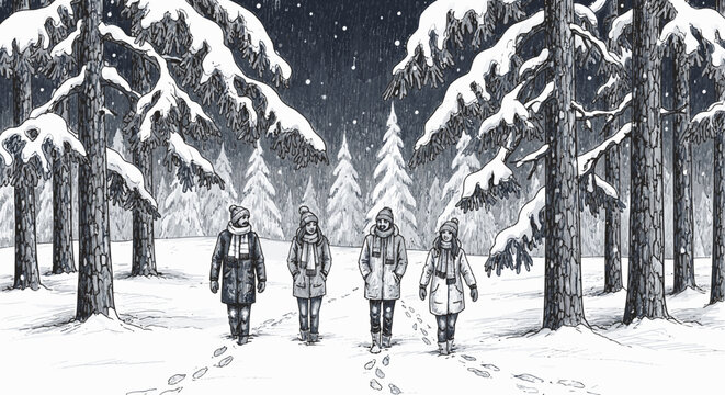 Four people walking in a snowy forest at night, footprints in the snow, winter landscape illustration