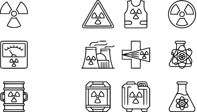 Nuclear Radiation Warning Icons, Set of Vector Line Art Symbols on White Background