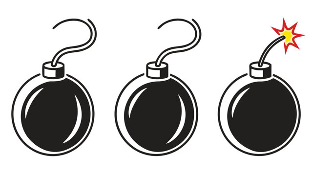 Set of three classic round bomb icons with lit fuse and explosion starburst, symbolizing danger or urgency