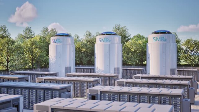 Smr or small modular nuclear reactors with energy storage system or battery container units against blue sky