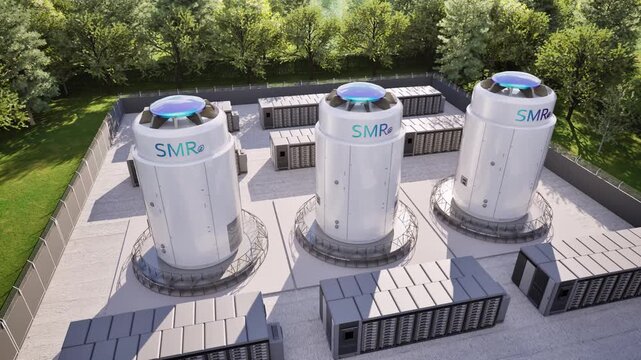 Smr or small modular nuclear reactors with energy storage system or battery container units view from above