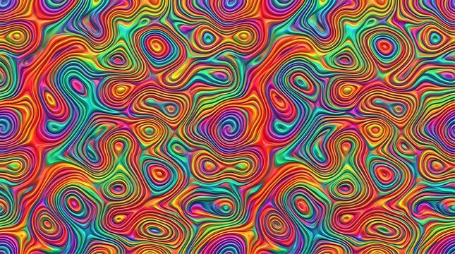 Seamless psychedelic rainbow ridged topological map pattern background texture. Trippy hippy abstract wavy swirls dopamine dressing style fashion motif. Bright colorful neon ret
