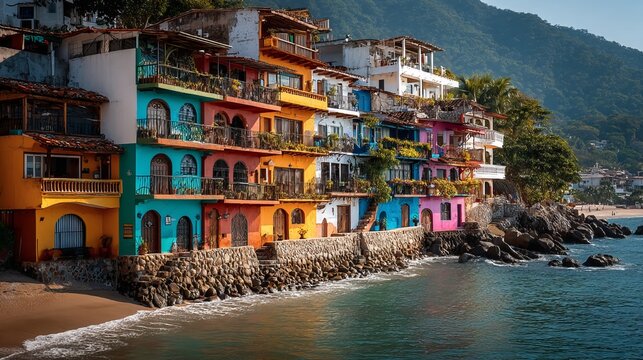 Colorful colonial buildings and vibrant painted facades along waterfront street, wide view, daytime, Puerto Vallarta Mexico outdoor coastal town