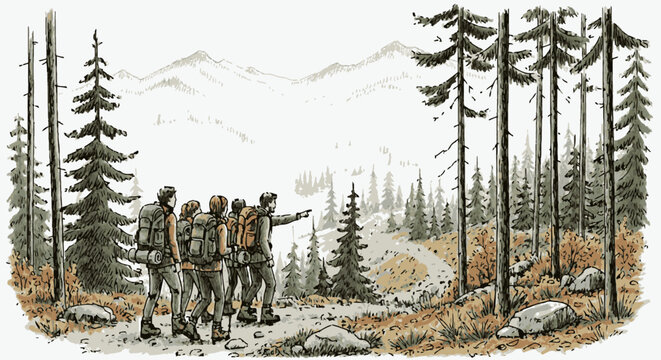 Group of hikers with backpacks exploring a mountainous pine forest landscape, with one person pointing the way on a scenic trail.