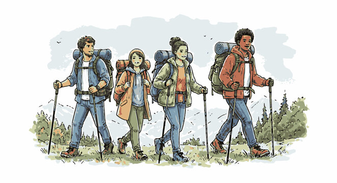 Diverse group of four friends enjoying a scenic hiking adventure in the mountains, exploring nature with backpacks and trekking poles. Outdoor activity illustration.