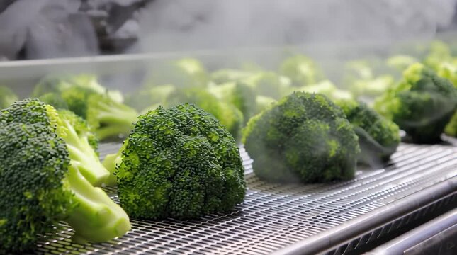 Fresh green broccoli on a conveyor belt with rising steam in an industrial vegetable processing plant.	