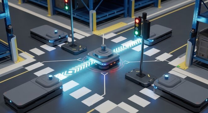 Autonomous vehicles navigating a futuristic city intersection with illuminated pathways and traffic signals