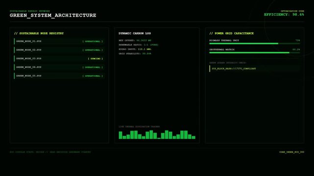 Green System Architecture Console Displaying Sustainable Node Registry Metrics and Dynamic Carbon Log Performance Data.