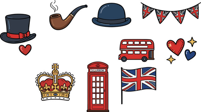 British Symbols Collection with Red Telephone Booth Double Decker Bus Union Jack Flag and Royal England Vector Illustration Set